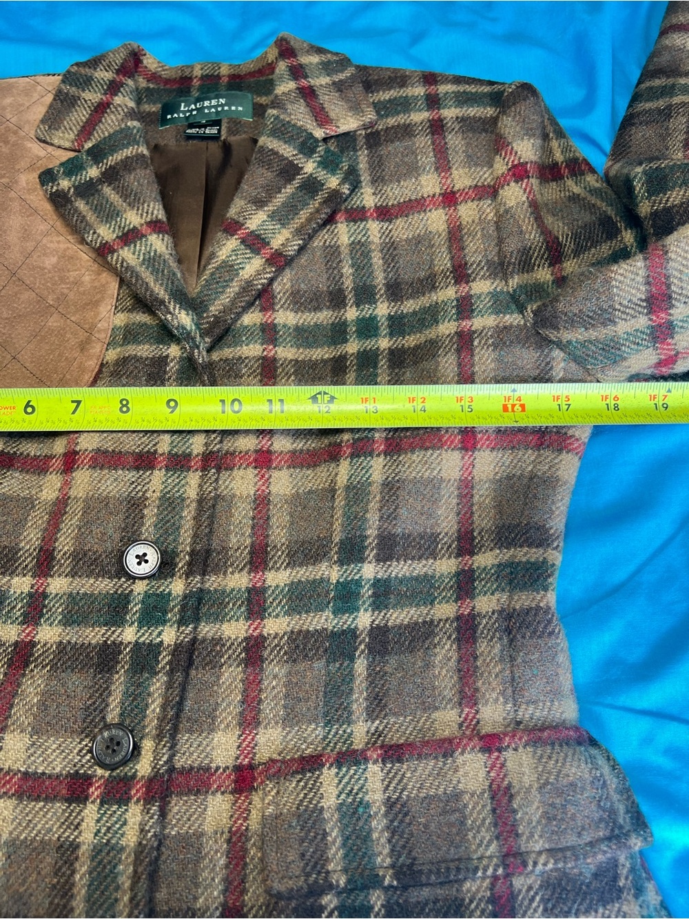 Lauren Ralph Lauren Wool Plaid Shooting Blazer Suede Patch Size 4 - Picture 9 of 16